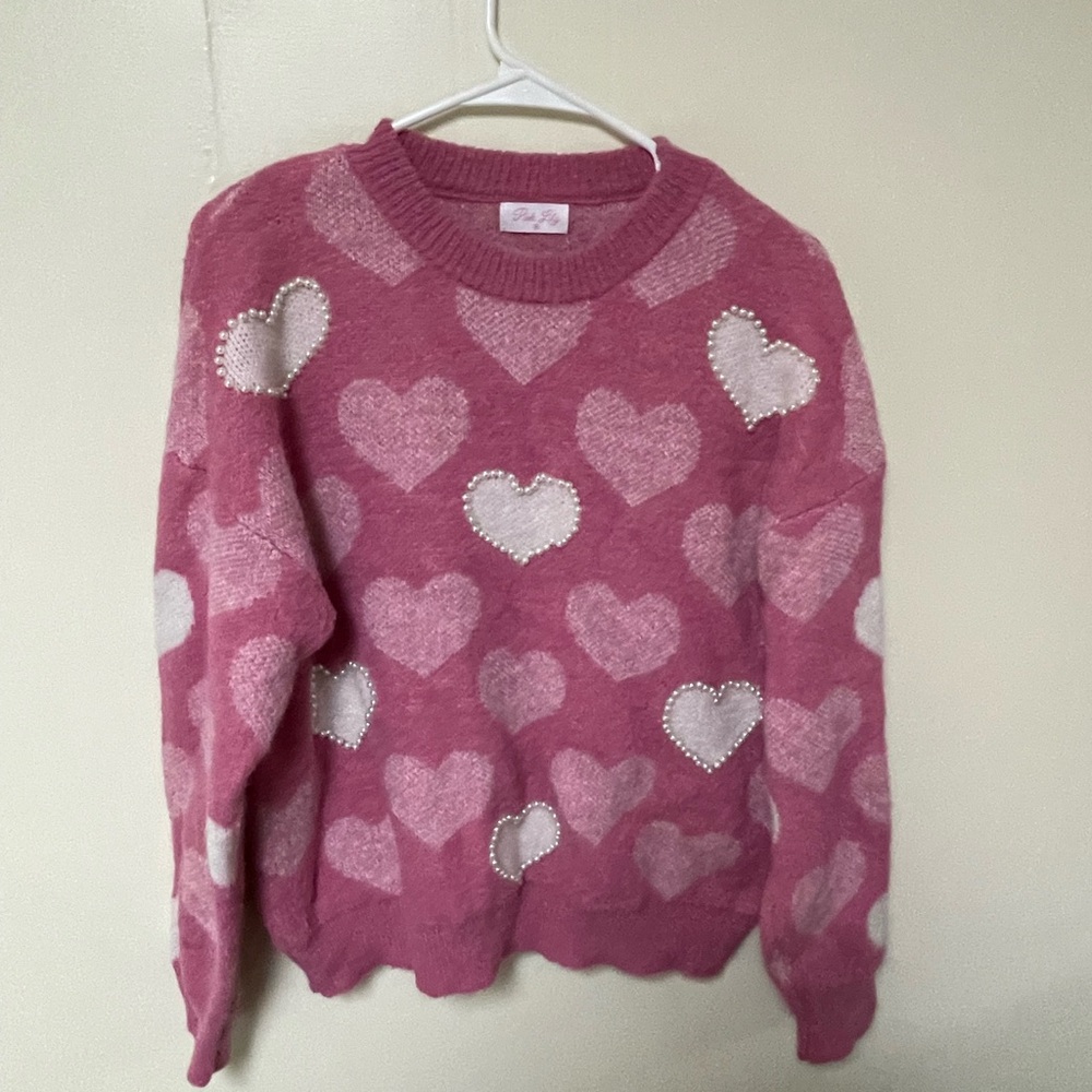 Pink Heart Pattern Sweater with Pearl Detailing